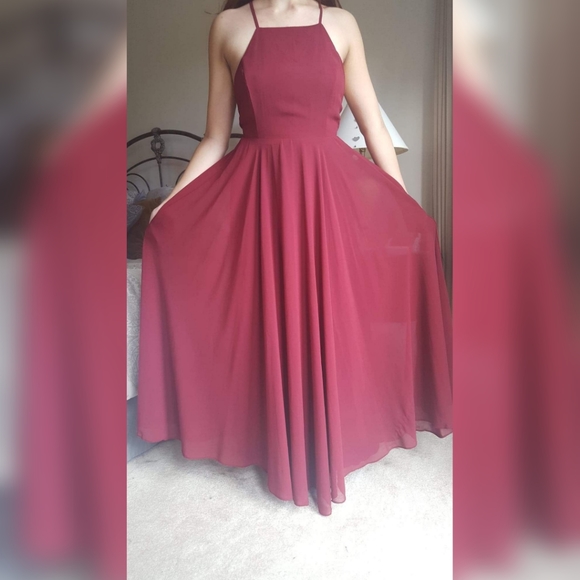 Lulu's Burgundy Halter Bridesmaid Dress - Picture 1 of 14